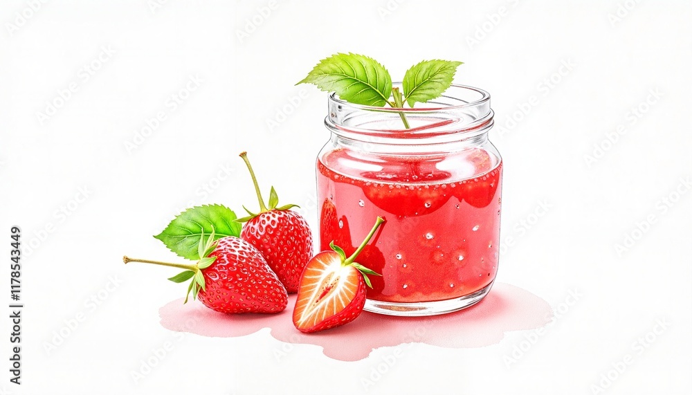 Freshly blended strawberry smoothie in a glass jar with fresh strawberries beside it Freshly blended strawberry smoothie in a glass jar with fresh strawberries beside it