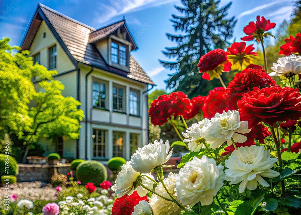 Fototapeta premium Stunning White and Red Flowers, Green Branches, Elegant Glass Windows House - Rule of Thirds Photography