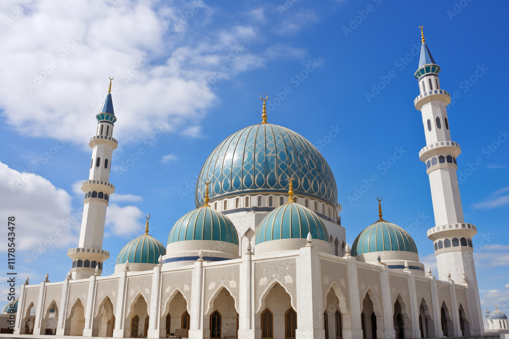Obraz premium Majestic Blue-Domed Mosque with Four Minarets Under a Clear Blue Sky. Ai generative