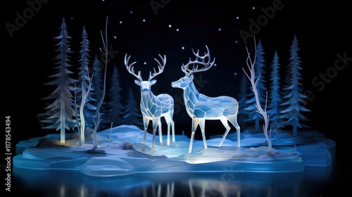 A cinematic, high-detail scene of the glowing stag and doe Patronus in a dark blue night setting. The stagâ€™s majestic antlers glow with silvery light, while the doeâ€™s soft radiance creates a seren photo