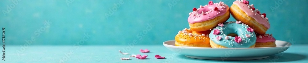 A colorful stack of donuts on a plate with blue background, decorated with tiny flowers and hearts, frosting, dessert table, decorations A colorful stack of donuts on a plate with blue background, decorated with tiny flowers and hearts, frosting, dessert table, decorations