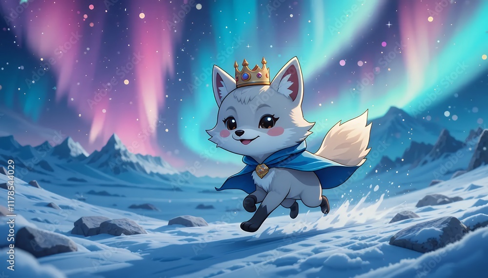 Obraz premium 3D Cartoon Character Animal - Arctic Fox in Snowy Mountain Landscape Wearing a Blue Cape with a Crown - Joyful and Playful Vibes