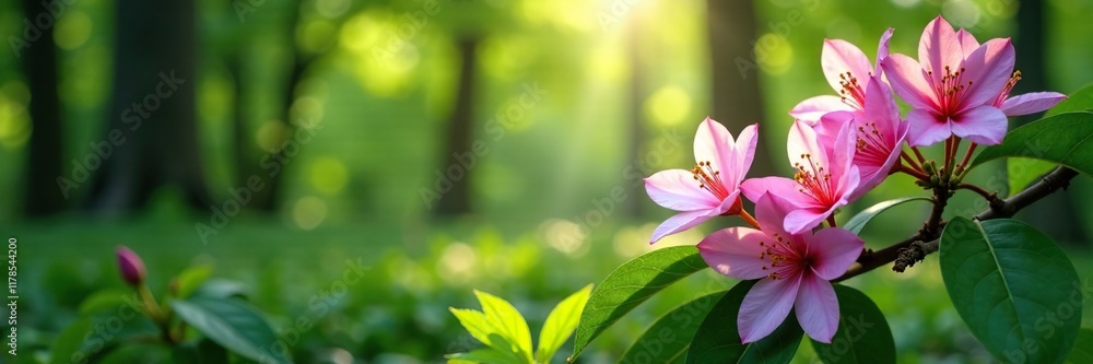 Fototapeta premium Honeysuckle flowers blooming in a shaded forest clearing, foliage, shaded area