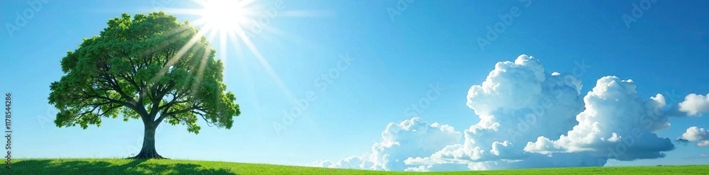 Fototapeta premium Single tree against a bright blue sky with sunbeams, natural, sky