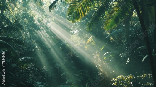 Sunlight filters through dense trees in an enchanting forest creating a peaceful and magical atmosphere