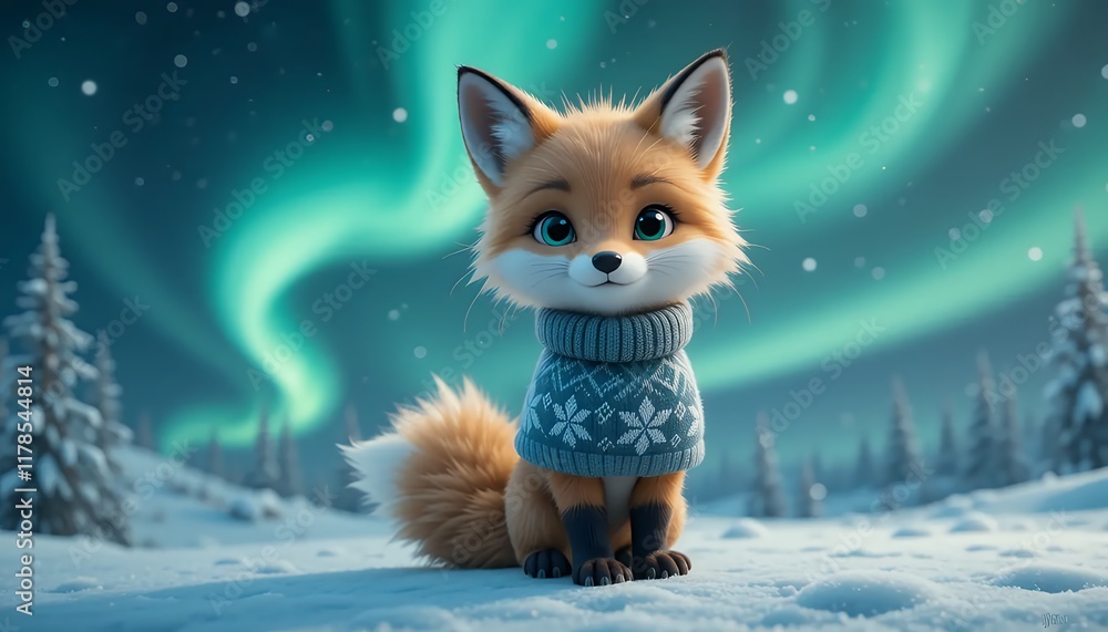 Obraz premium 3D Cartoon Fox in Winter Wonderland with Aurora Borealis