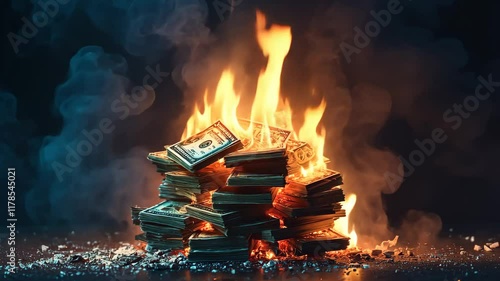 Dramatic Visual of Burning Currency Pile: A Metaphor for Economic Instability and Waste