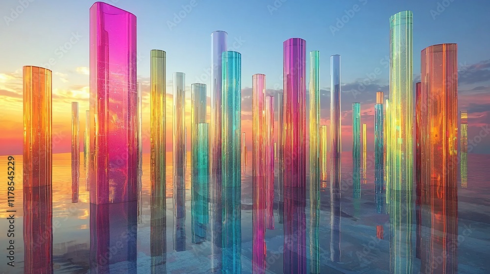 Colorful glass columns reflecting in calm water at sunset. Colorful glass columns reflecting in calm water at sunset.