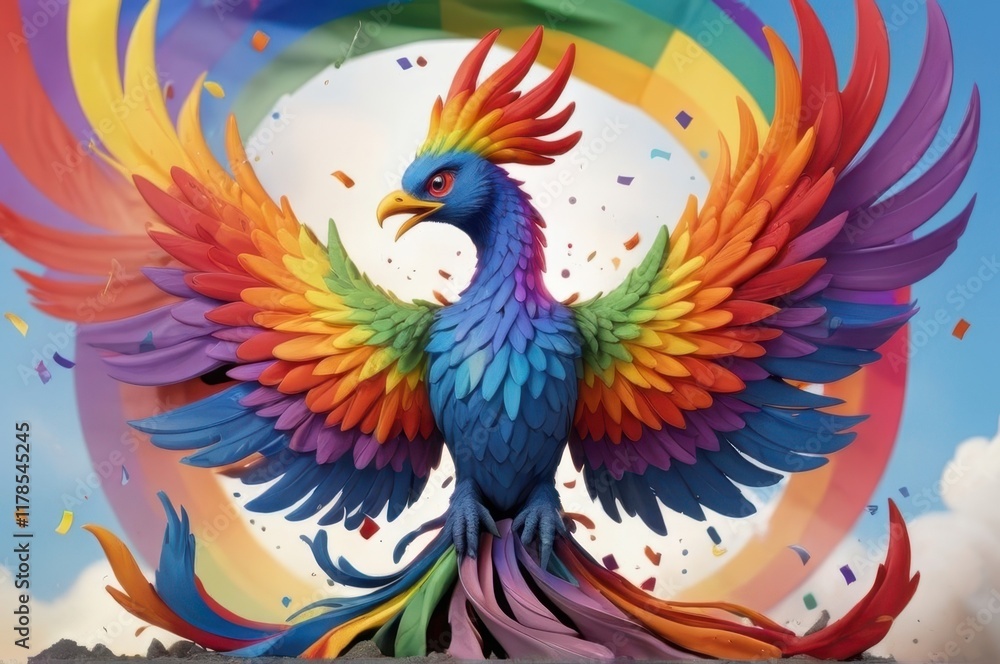 Obraz premium A rainbow-colored phoenix rising from ashes, symbolizing resilience and rebirth, with its wings composed of diverse LGBTQ+ flags in a dynamic, swirling pattern.