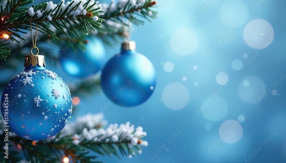 Icy blue glass ornaments hang from branches of a Christmas tree, festive colors, blue and white theme, frosted glass balls Icy blue glass ornaments hang from branches of a Christmas tree, festive colors, blue and white theme, frosted glass balls