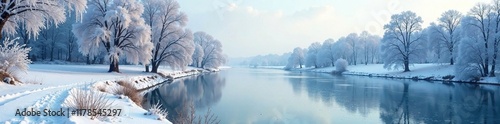 Snow-covered embankment with frosty trees, frozen river Sukhona in winter landscape, frost, snow, nature photo