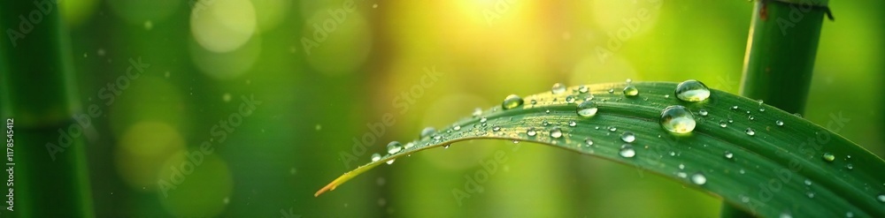 Water droplets beading up on the surface of a bamboo leaf, sun's rays, morning light, sparkling water Water droplets beading up on the surface of a bamboo leaf, sun's rays, morning light, sparkling water