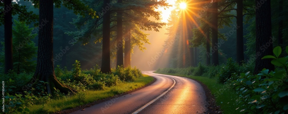 Forest road winding through the forest at dawn, morning, forest