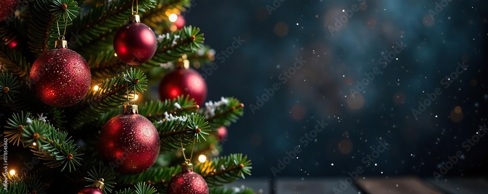 Glittery Christmas tree with ornaments and lights against a dark background, sparkling decorations, sparkly background, holiday season Glittery Christmas tree with ornaments and lights against a dark background, sparkling decorations, sparkly background, holiday season