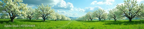 Dense blackthorn trees blooming with white flowers against a blue sky and lush green grass, forest, green grass photo