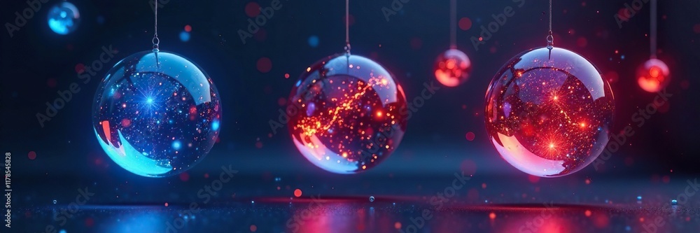 Spheres hang suspended in air with blue and red glowing orbs on each side, unique, spheres, decorative objects Spheres hang suspended in air with blue and red glowing orbs on each side, unique, spheres, decorative objects