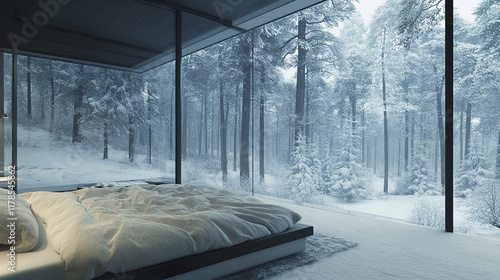 Wallpaper Mural Cozy bedroom with large windows overlooking snowy forest landscape Torontodigital.ca