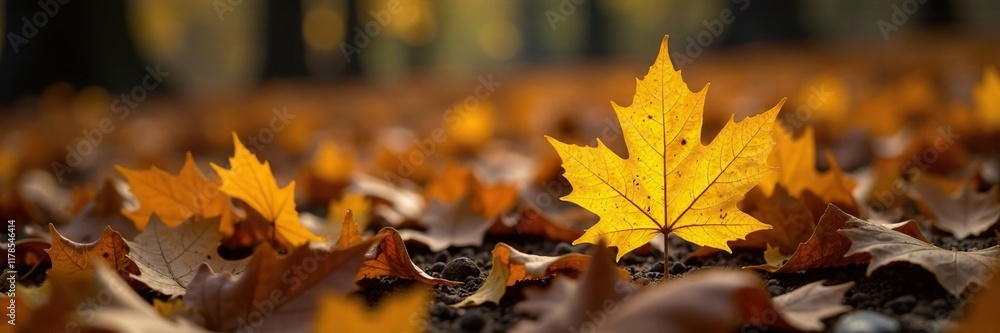 Amber hues scatter on forest floor, yellow maple leaf nestled among fallen leaves, earthy, woodsy Amber hues scatter on forest floor, yellow maple leaf nestled among fallen leaves, earthy, woodsy