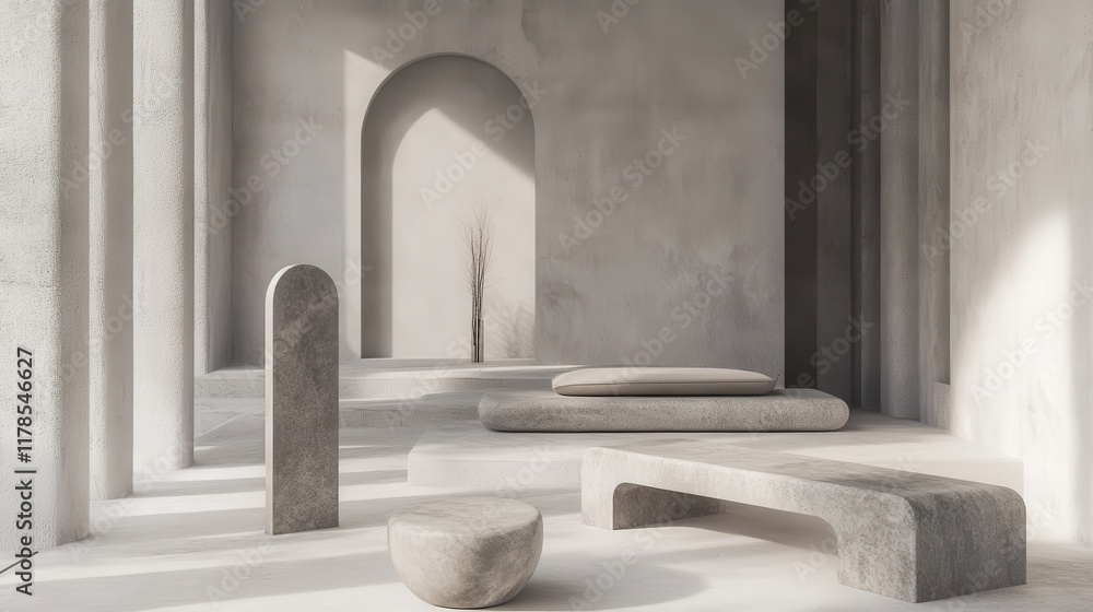 Fototapeta premium Elegant monochromatic interior design showcasing pastel gray overlapping shapes and subtle textures