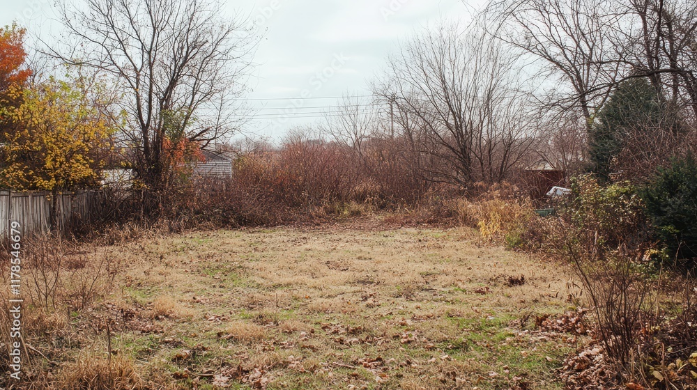 Obraz premium Overgrown Field in Autumn with Sparse Trees and Shrubs