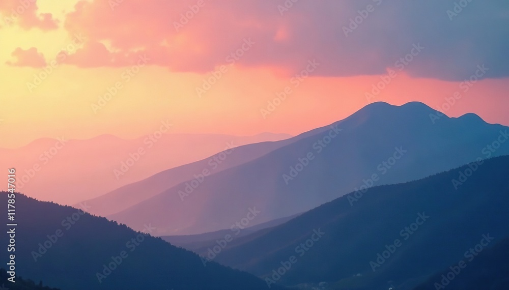 Obraz premium Clouds forming over a misty mountain range at dawn, fog, sunrise, sky