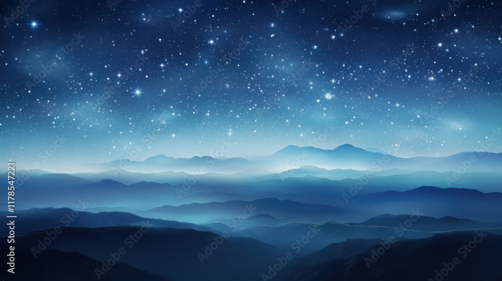 A mesmerizing starry night sky filled with glowing stars and constellations, casting light over abstract, wavy blue hills, with swirling patterns in the air creating a magical and artistic ambiance, i