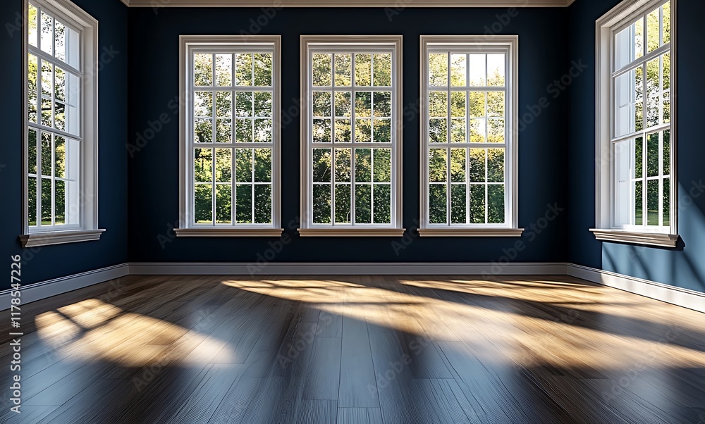 Fototapeta premium Sunlit Empty Room with Large Windows