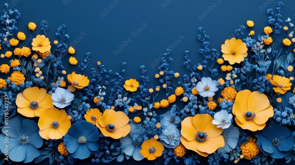 Blue and yellow paper flowers on dark blue background. Blue and yellow paper flowers on dark blue background.