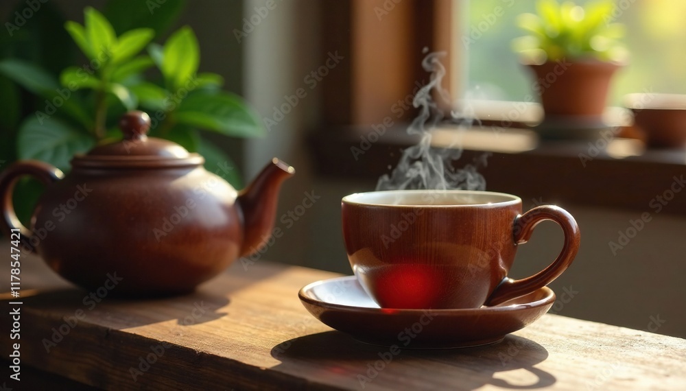 Cozy ceramic teapot fills a wooden mug with fragrant brewing tea, filling, fragrance Cozy ceramic teapot fills a wooden mug with fragrant brewing tea, filling, fragrance