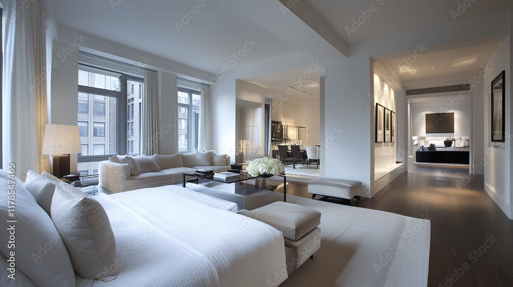 Sophisticated apartment design with white bedroom and modern decor Sophisticated apartment design with white bedroom and modern decor