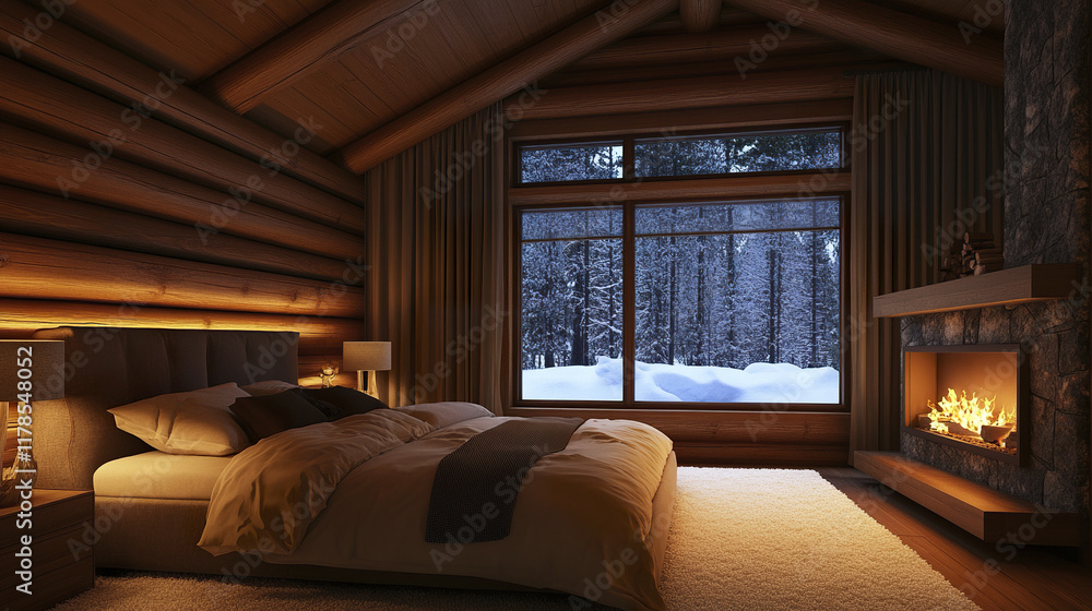 Cozy log cabin bedroom with large window and fireplace Cozy log cabin bedroom with large window and fireplace