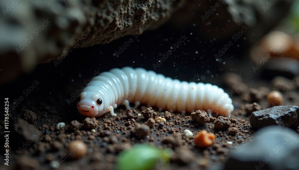 White grub worm under rock in dark and humid environment, soil, worm White grub worm under rock in dark and humid environment, soil, worm
