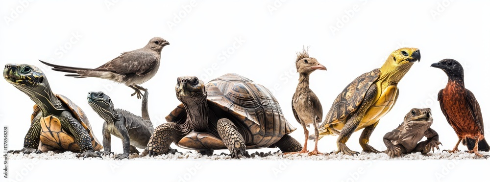 Fototapeta premium A Fascinating Array of Wildlife Featuring Birds, Turtles, and Frogs Displayed Against a Clean White Background for Nature and Animal Enthusiasts