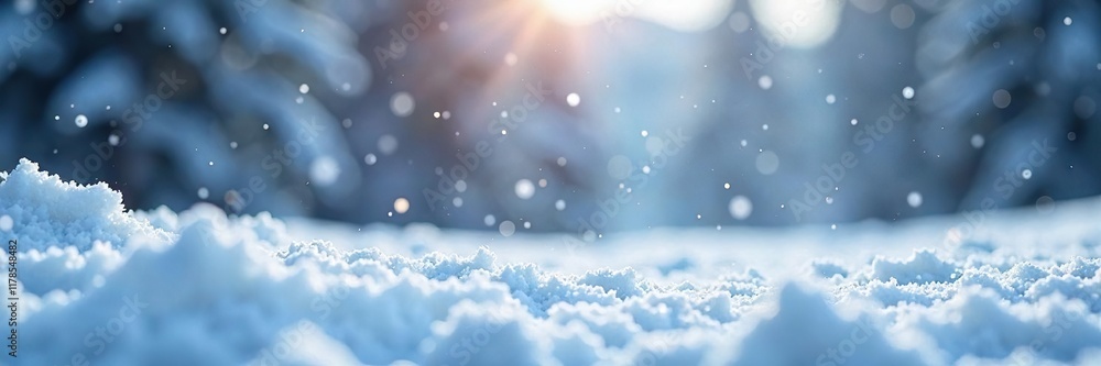 Fototapeta premium Drifting snowflakes gently fall on a serene snowy landscape, snow, winter