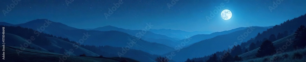 Fototapeta premium Silvery glow of full moon on rolling hills and mountains at night, rolling hills, silvery