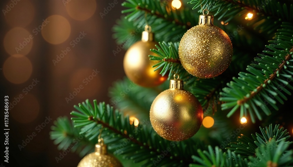 Sparkling gold glitter evergreen branch with intricately designed Christmas tree ornaments, christmas tree, evergreen Sparkling gold glitter evergreen branch with intricately designed Christmas tree ornaments, christmas tree, evergreen