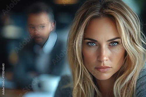 Wallpaper Mural Serious woman, blurred man in cafe background, potential relationship trouble. Torontodigital.ca