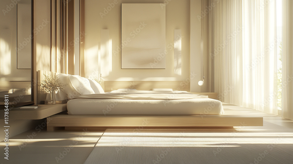 Fototapeta premium Modern bedroom with king sized platform bed and soft lighting