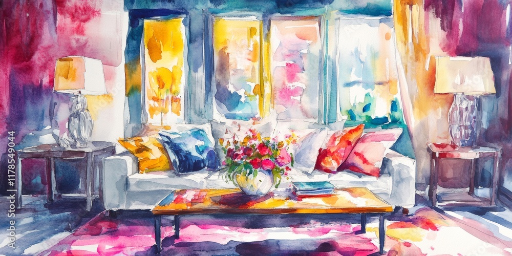 A painting of a living room with a white couch and a coffee table. The couch has pillows on it and a vase of flowers on the coffee table A painting of a living room with a white couch and a coffee table. The couch has pillows on it and a vase of flowers on the coffee table