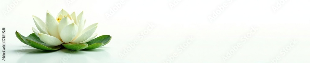 Delicate white lotus flower with intricate green leaf on pristine white background, garden, serene Delicate white lotus flower with intricate green leaf on pristine white background, garden, serene