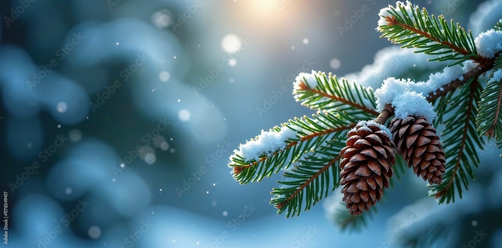 Frosty fir tree branch with sparkling snowflakes and pinecones, pinecones, winter, snowy Frosty fir tree branch with sparkling snowflakes and pinecones, pinecones, winter, snowy