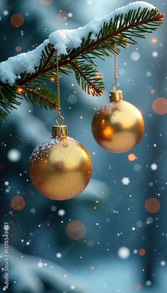 Golden Christmas ornaments sway gently in the snowy breeze on a serene pine branch, frosty, sparkle, sway Golden Christmas ornaments sway gently in the snowy breeze on a serene pine branch, frosty, sparkle, sway