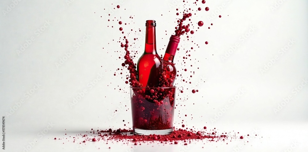 Fototapeta premium Wine bottles exploding in a glass on a white surface, studio, explosion, splatter