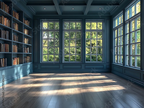 Sunlit library with dark blue walls and bookshelves photo