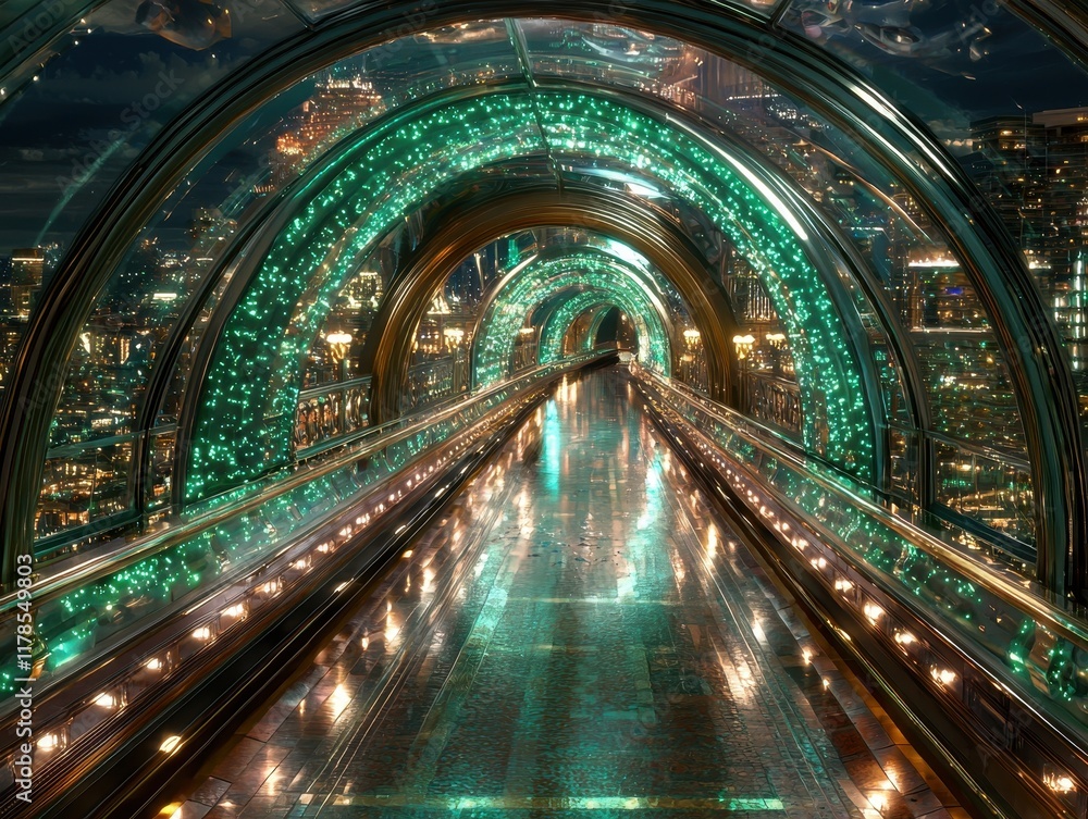 Obraz premium A mystical underwater city glowing with bioluminescent towers and radiant arches. Luminous fish swim through the shimmering streets, creating trails of light that illuminate the ocean floor 