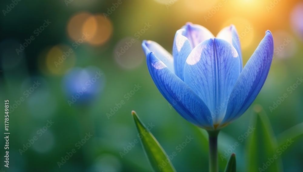 Delicate blue petals unfolding in warm sunlight, bloom, garden, blooming