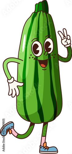 Funny groovy zucchini vegetable character. Isolated cartoon vector playful squash farm veggie personage, wearing sneakers, embodying fun and positivity, promotes healthy eating habits and vitamin food