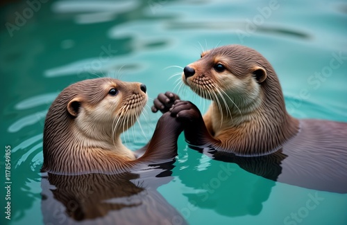 Two sea otters swim close together in aquatic ballet. Paws clasped in playful way togetherness, affection. Floating gracefully on surface of ocean. Scene serene, joyful. Pair of otters highlights photo