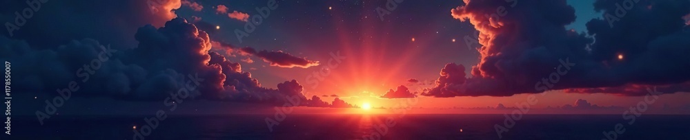 Fototapeta premium Ominous sunset with gradient sky, dark clouds, and stars, ominous, clouds, night