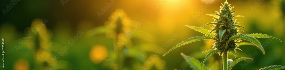 Raw cannabis plant with honey infused into its sap, sunlit, flowers Raw cannabis plant with honey infused into its sap, sunlit, flowers